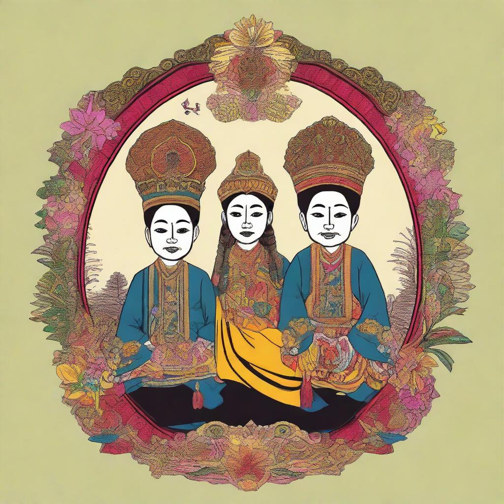 Design for a t-shirt featuring three mischievous friends in an aesthetic Javanese Keraton style