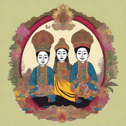 Design for a t-shirt featuring three mischievous friends in an aesthetic Javanese Keraton style