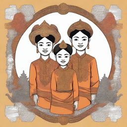 Design for a t-shirt featuring three mischievous friends in an aesthetic Javanese Keraton style