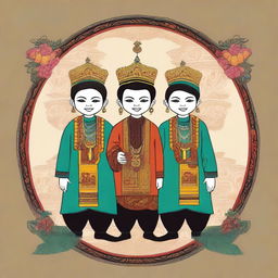 Design for a t-shirt featuring three mischievous friends in an aesthetic Javanese Keraton style