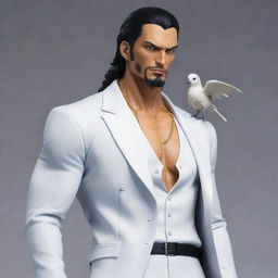 Generate a detailed image of Rob Lucci from One Piece. This character is muscular with short dark hair, a small beard, wearing a white suit with a bird named Hattori often perched on his shoulder.