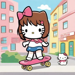 Two Hello Kitty characters, one with straight dark brown hair and bangs riding a skateboard, and the other with straight brown hair and bangs watching her