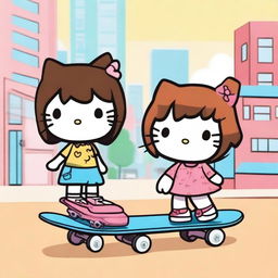 Two Hello Kitty characters, one with straight dark brown hair and bangs riding a skateboard, and the other with straight brown hair and bangs watching her