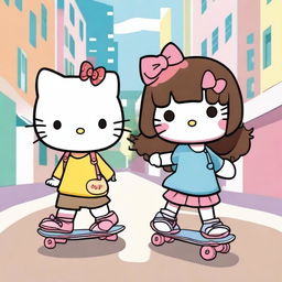 Two Hello Kitty characters, one with straight dark brown hair and bangs riding a skateboard, and the other with straight brown hair and bangs watching her