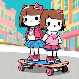 Two Hello Kitty characters, one with straight dark brown hair and bangs riding a skateboard, and the other with straight brown hair and bangs watching her