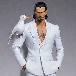 Generate a detailed image of Rob Lucci from One Piece. This character is muscular with short dark hair, a small beard, wearing a white suit with a bird named Hattori often perched on his shoulder.