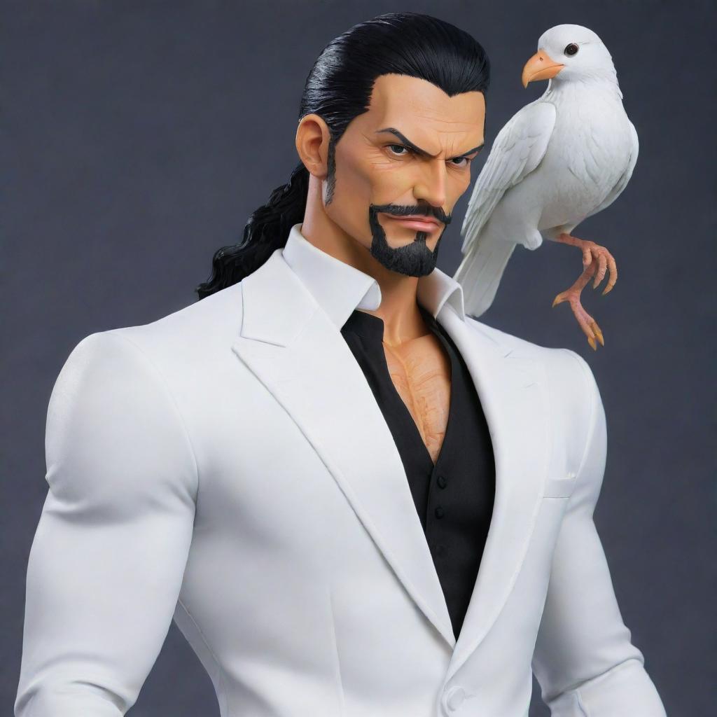 Generate a detailed image of Rob Lucci from One Piece. This character is muscular with short dark hair, a small beard, wearing a white suit with a bird named Hattori often perched on his shoulder.