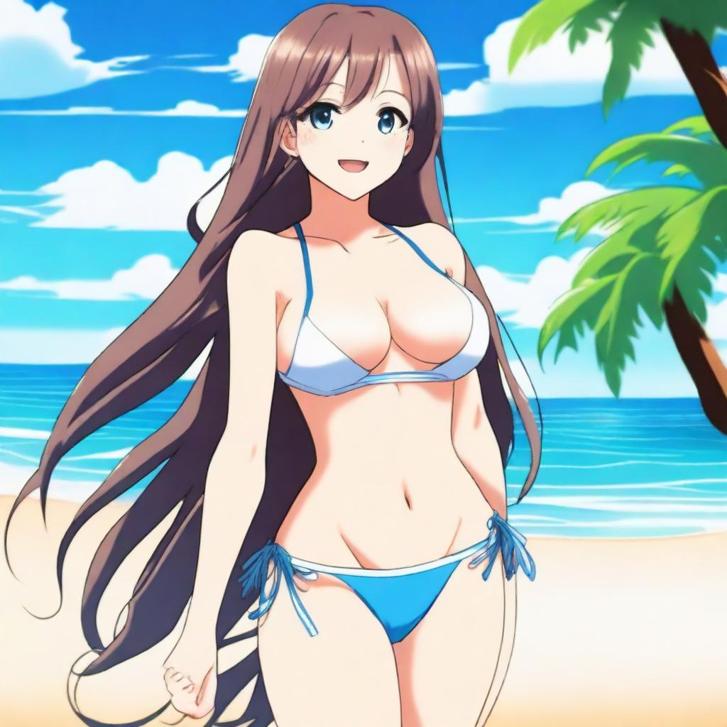 A young anime girl with large breasts wearing a bikini