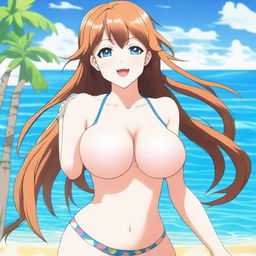 A young anime girl with large breasts wearing a bikini