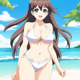 A young anime girl with large breasts wearing a bikini