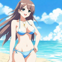 A young anime girl with large breasts wearing a bikini