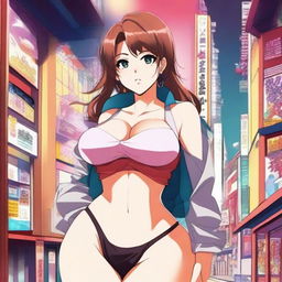 An anime-style drawing of a young woman with a voluptuous figure