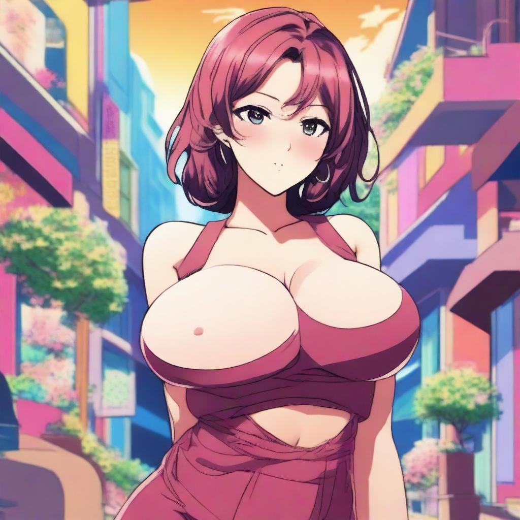 An anime-style drawing of a young woman with a voluptuous figure