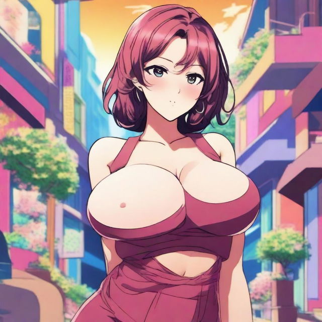 An anime-style drawing of a young woman with a voluptuous figure