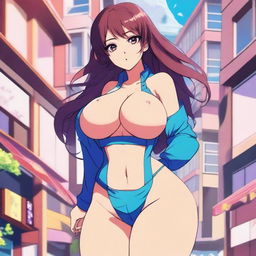 An anime-style drawing of a young woman with a voluptuous figure