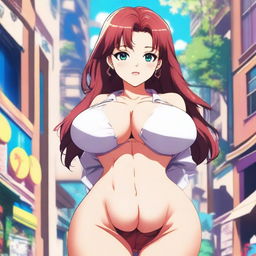 An anime-style drawing of a young woman with a voluptuous figure