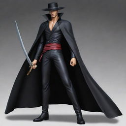 Create an image of Dracule Mihawk, also known as 'Hawk Eyes' from One Piece. Depict him as a tall, lean man with black hair, wielding his large black sword, and wearing a black cape.