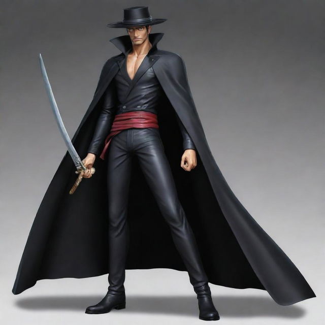 Create an image of Dracule Mihawk, also known as 'Hawk Eyes' from One Piece. Depict him as a tall, lean man with black hair, wielding his large black sword, and wearing a black cape.