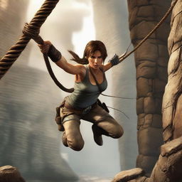 A dynamic scene featuring Lara Croft from Tomb Raider, swinging from a rope towards a stone wall with a determined expression