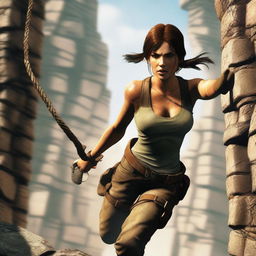 A dynamic scene featuring Lara Croft from Tomb Raider, swinging from a rope towards a stone wall with a determined expression