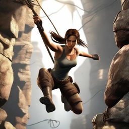 A dynamic scene featuring Lara Croft from Tomb Raider, swinging from a rope towards a stone wall with a determined expression