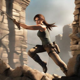 A dynamic scene featuring Lara Croft from Tomb Raider, swinging from a rope towards a stone wall with a determined expression