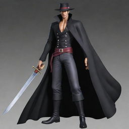 Create an image of Dracule Mihawk, also known as 'Hawk Eyes' from One Piece. Depict him as a tall, lean man with black hair, wielding his large black sword, and wearing a black cape.