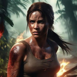 A realistic depiction of Lara Croft from Tomb Raider, facing the screen with mud and blood on her face