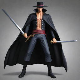 Create an image of Dracule Mihawk, also known as 'Hawk Eyes' from One Piece. Depict him as a tall, lean man with black hair, wielding his large black sword, and wearing a black cape.