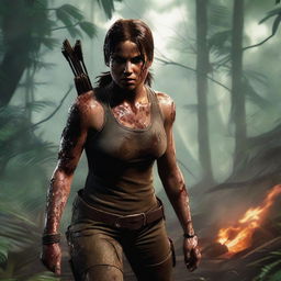 A realistic depiction of Lara Croft from Tomb Raider, facing the screen with mud and blood on her face