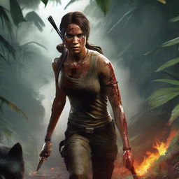 A realistic depiction of Lara Croft from Tomb Raider, facing the screen with mud and blood on her face