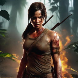 A realistic depiction of Lara Croft from Tomb Raider, facing the screen with mud and blood on her face