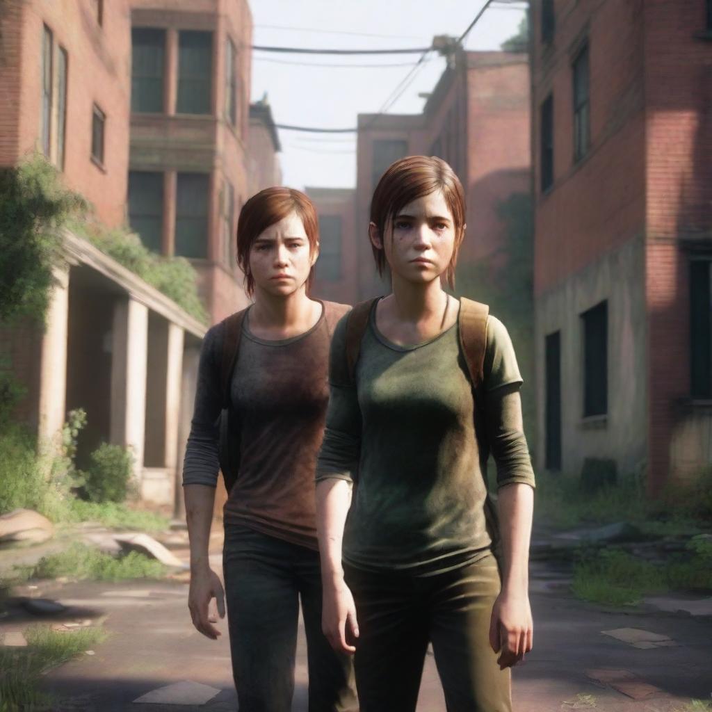 Create an image featuring Ellie and Abby from The Last of Us on opposite sides