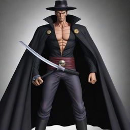 Create an image of Dracule Mihawk, also known as 'Hawk Eyes' from One Piece. Depict him as a tall, lean man with black hair, wielding his large black sword, and wearing a black cape.