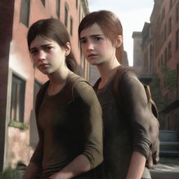 Create an image featuring Ellie and Abby from The Last of Us on opposite sides