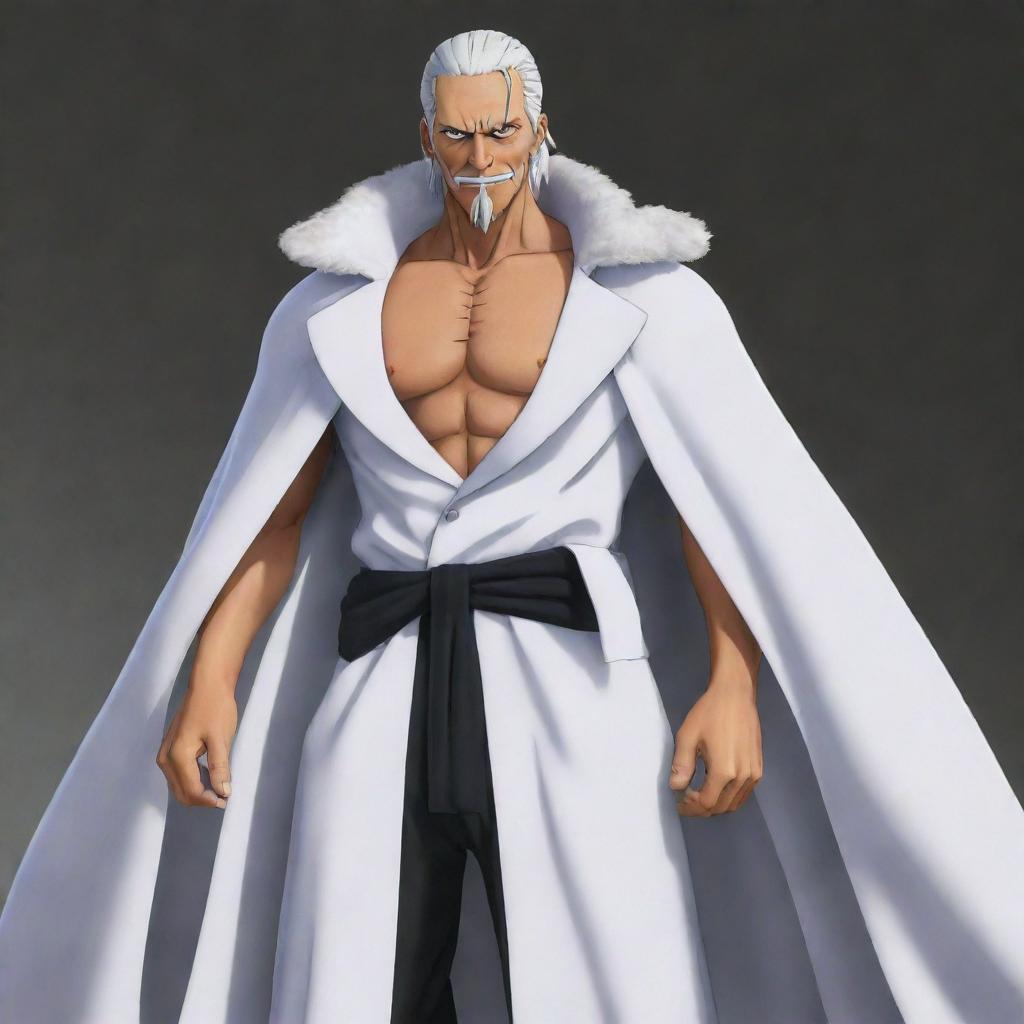 Generate an image of Smoker, a character from One Piece. He's a tall, muscular man with white hair who usually sports a stern expression. His outfit consists of a white marine coat worn like a cape.