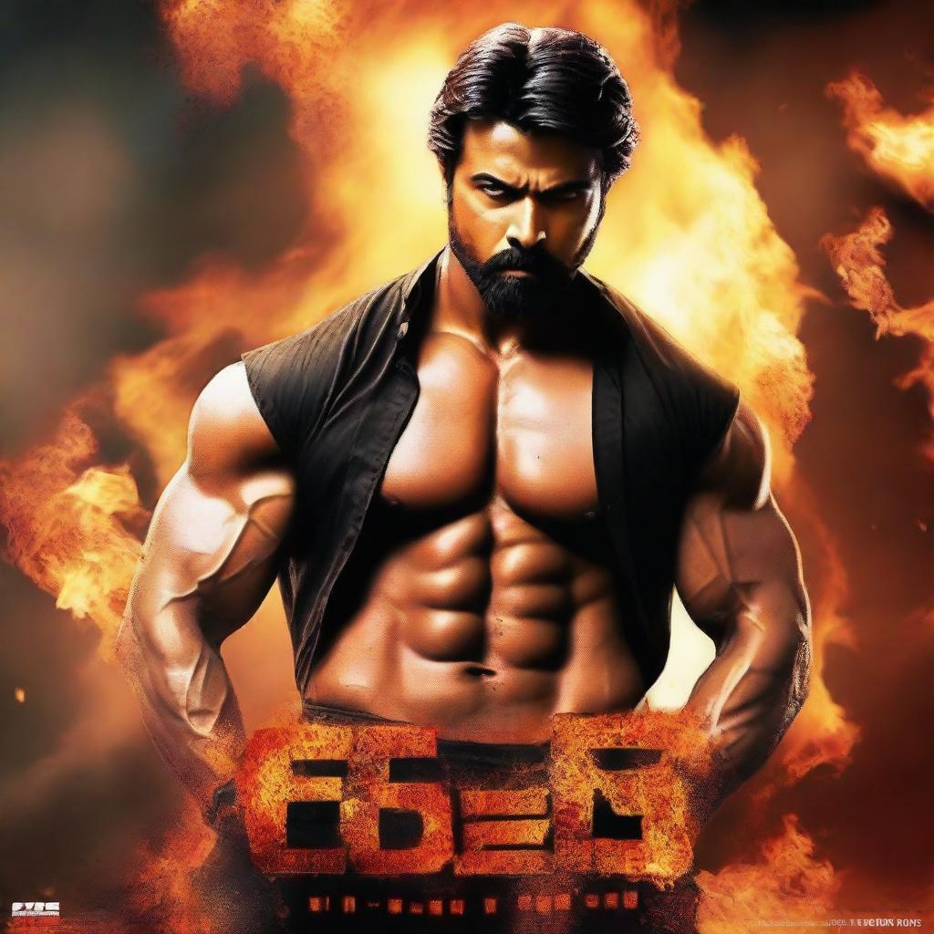 Create a dynamic YouTube thumbnail featuring Ram Charan in an action-packed scene from the movie 'Fire'