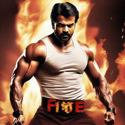 Create a dynamic YouTube thumbnail featuring Ram Charan in an action-packed scene from the movie 'Fire'