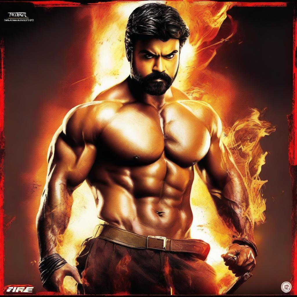 Create a dynamic YouTube thumbnail featuring Ram Charan in an action-packed scene from the movie 'Fire'