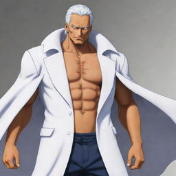 Generate an image of Smoker, a character from One Piece. He's a tall, muscular man with white hair who usually sports a stern expression. His outfit consists of a white marine coat worn like a cape.