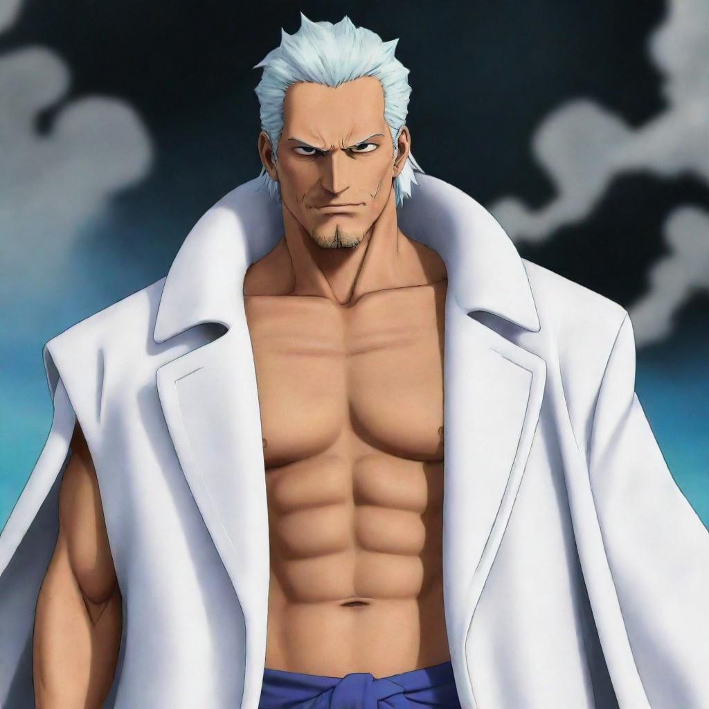 Generate an image of Smoker, a character from One Piece. He's a tall, muscular man with white hair who usually sports a stern expression. His outfit consists of a white marine coat worn like a cape.