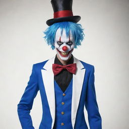 Generate an image of Buggy the Clown from One Piece. He is a slender man with blue hair in a jester's outfit, wearing white-and-blue makeup, and has a unique ability to separate his body parts.