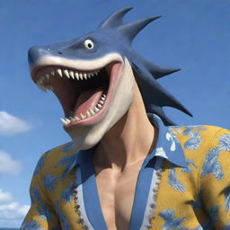 Generate a visually striking image of Arlong, a character from One Piece. He is a large, humanoid sawshark fish-man with very noticeable sharp teeth protruding from his mouth, often seen in a Hawaiian shirt.