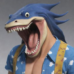 Generate a visually striking image of Arlong, a character from One Piece. He is a large, humanoid sawshark fish-man with very noticeable sharp teeth protruding from his mouth, often seen in a Hawaiian shirt.