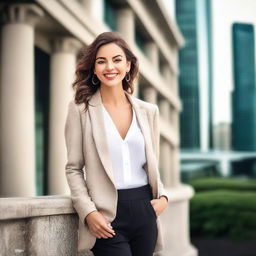 A beautiful woman with striking features, wearing fashionable attire