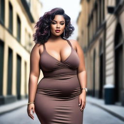 A voluptuous woman with an hourglass figure, featuring a large bust and curvy hips, yet maintaining a slim waist