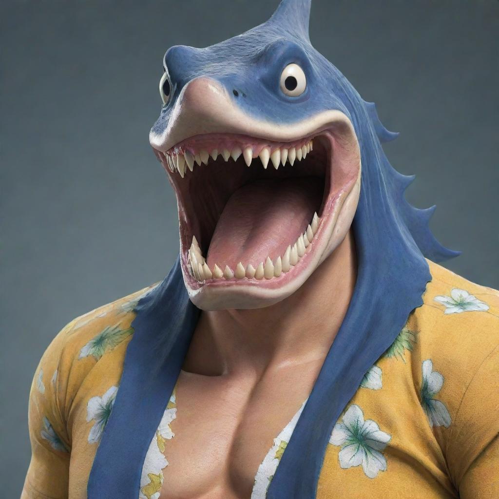 Generate a visually striking image of Arlong, a character from One Piece. He is a large, humanoid sawshark fish-man with very noticeable sharp teeth protruding from his mouth, often seen in a Hawaiian shirt.