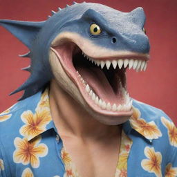 Generate a visually striking image of Arlong, a character from One Piece. He is a large, humanoid sawshark fish-man with very noticeable sharp teeth protruding from his mouth, often seen in a Hawaiian shirt.