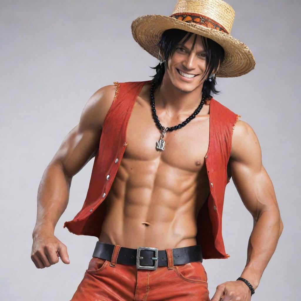 Create an image of Portgas D. Ace from One Piece. With curly black hair, a red beaded necklace, and a black and orange hat, he's often seen smiling. His outfit consists of shorts, open shirt exposing his muscular torso.