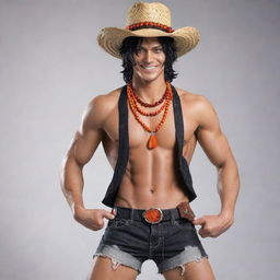 Create an image of Portgas D. Ace from One Piece. With curly black hair, a red beaded necklace, and a black and orange hat, he's often seen smiling. His outfit consists of shorts, open shirt exposing his muscular torso.